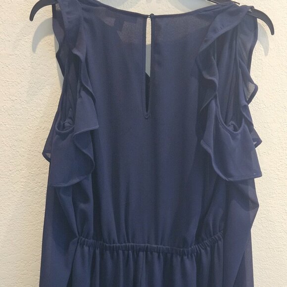 Party Navy blue wide leg holiday  pantsuit, cold shoulder Long Sleeve ruffle  M - Picture 5 of 6